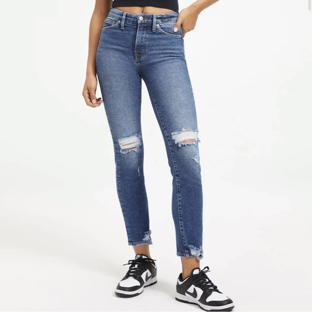 NWT Good American Good Straight High Rise Ripped Jeans in Broke Down